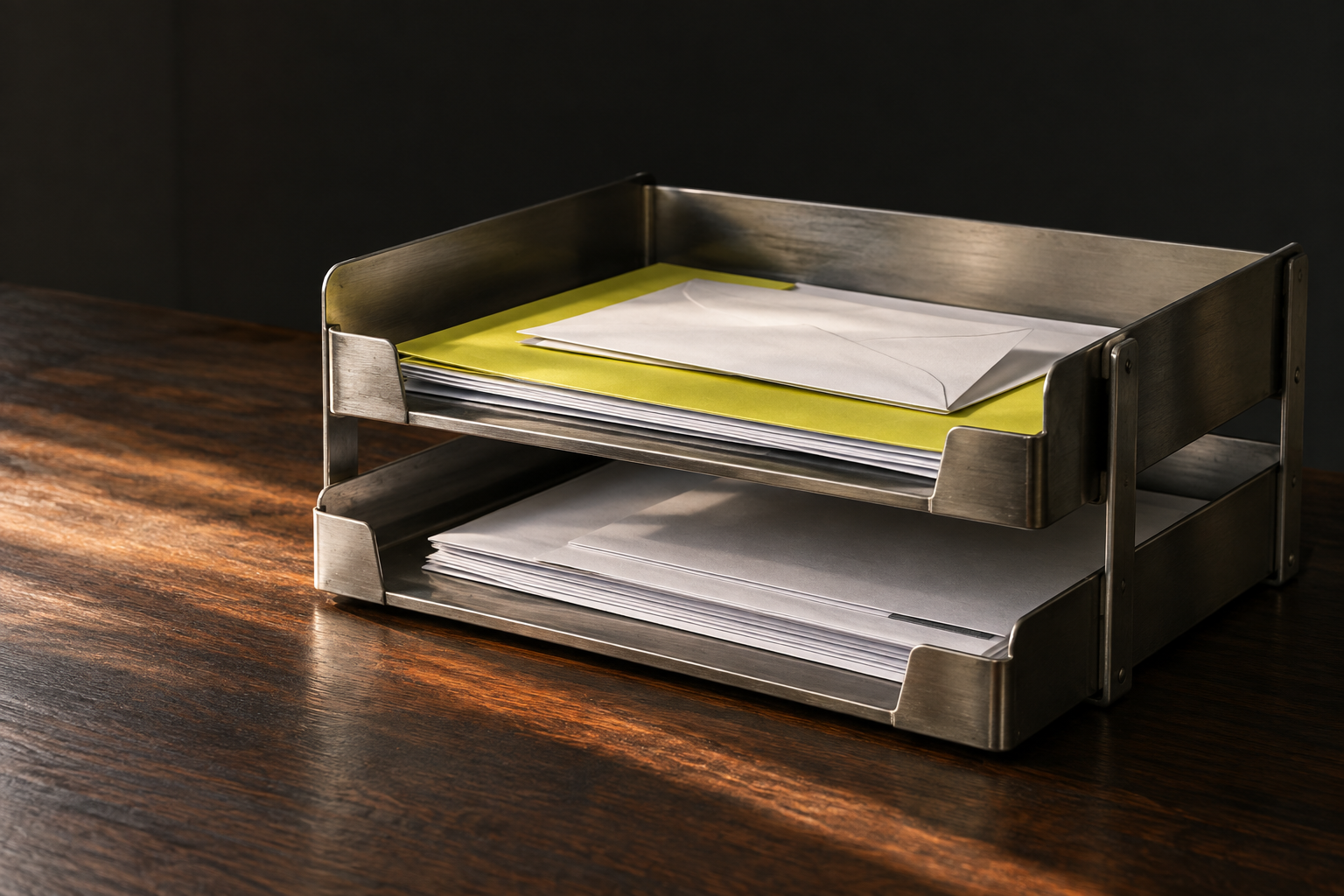 White correspondence and a bright yellow folder arranged in a brushed steel tray on a dark wooden desk